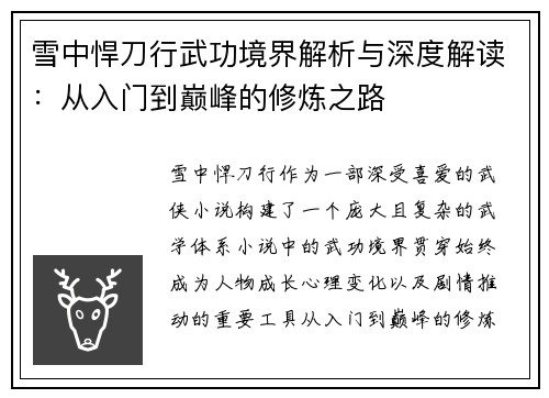 雪中悍刀行武功境界解析与深度解读：从入门到巅峰的修炼之路